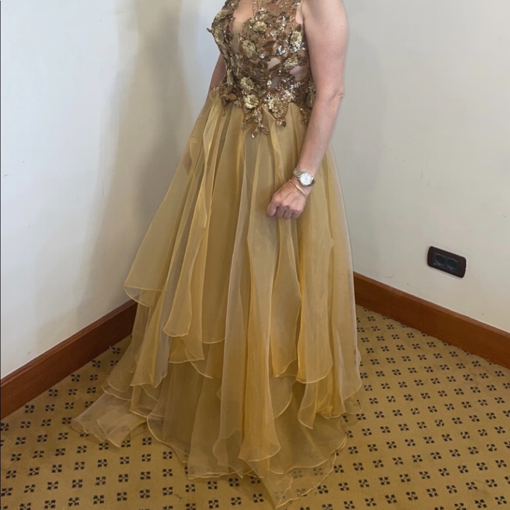 Golden gown with flower detail. Made in Turkey